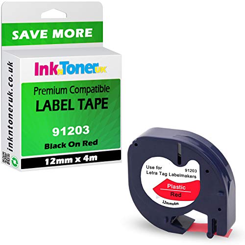 Inkntoner UK Premium Compatible 91203 Black On Red 12mm X 4m Plastic Label Tape (s0721630)