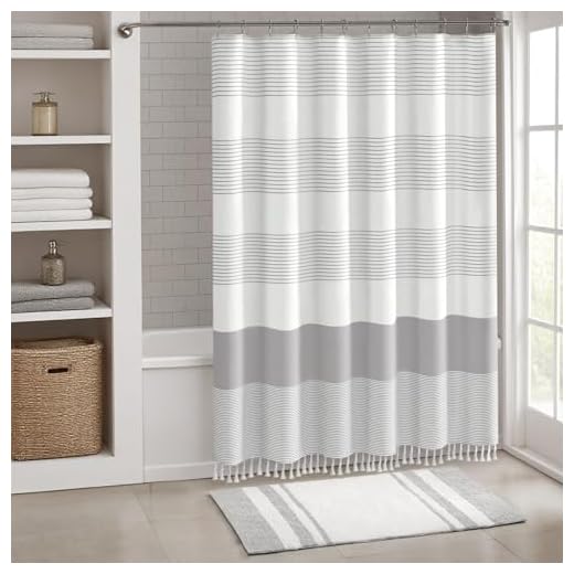 Awellife Boho Gray Shower Curtain for Bathroom Stripe Tassel Shower Curtain 72 X 72 Inches Farmhouse Linen Grey