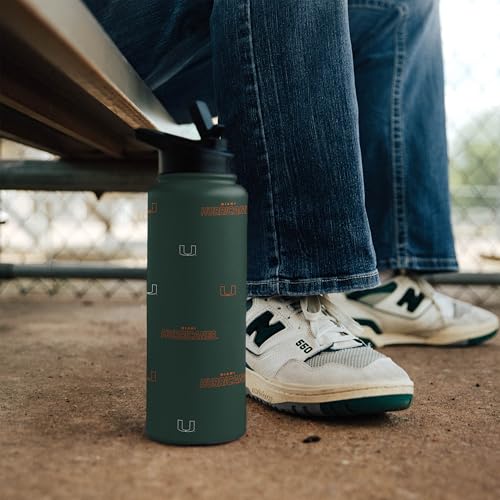 Image of Logo Brands NCAA Miami Hurricanes Step & Repeat 34 oz Stainless Steel Quencher Bottle - All Over Logo Design, No-Spill Lid, Easy Carry Handle - Keeps Drinks Cold For Hours