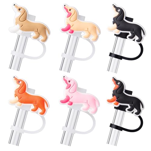 6Pcs Dachshund Dog Straw Cover Cap for Stanley Cup Tumbler, 10mm Reusable Cute Drinking Straw Topper Accessories, Cute Novelty Dachshund Dog Gifts for Women