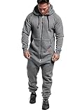shownicer Herren Jumpsuit Overall Jogging Anzug Trainingsanzug Einteiler Overall Hausanzug Jogger Sportanzug Baumwolle Warm Jumpsuit mit Kapuze A Hellgrau L