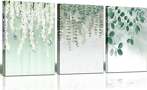 OKEXCKK Botanical Plant Canvas Wall Art, Boho Plant for Bathroom Wall Decor, Minimalist Floral Prints for Living Room, Green Leaf Painting Picture for Bedroom 12"x16"