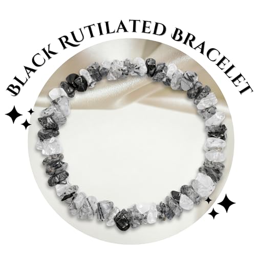 Image of Certified Black Rutilated Quartz Bracelet for Women Men with Healing Crystal and Reiki Stone - Beautiful Gemstone Beaded Bracelet for Balance, Harmony & Positive Energy (Chips Stone Beads)