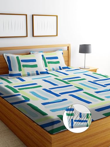 Image of DECORUM Glace Cotton Fitted 1 Bedsheet King Size (72 inchx78 inch) | All Around Elastic | Cotton Feel | 2 Pillow Covers (17 inchx27 inch) | Fits Up to 8 inch Mattress | 200-220 TC | Printed Double Bed Sheet Set