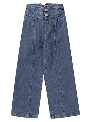 Kids Girls Distressed Wide Leg Jeans High Elastic Waist Buttons Front Denim Pants Baggy Trousers with Pockets3