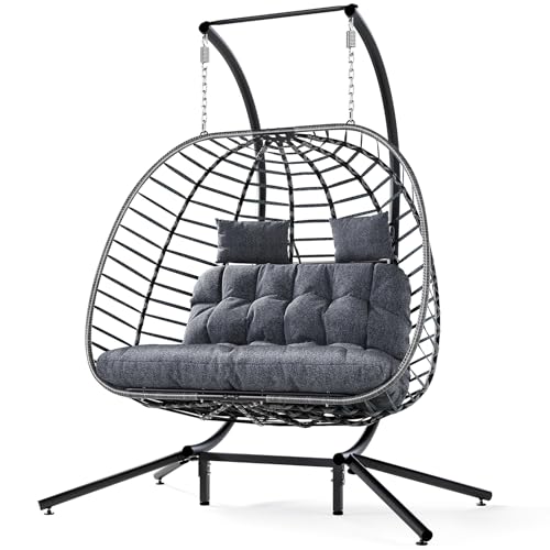 SWITTE Double Egg Swing Chair with Stand, Outdoor Patio 2 Person Hanging Wicker Hammock Chairs with Cushion for Indoor Bedroom, Lawn, Garden-Dark Grey