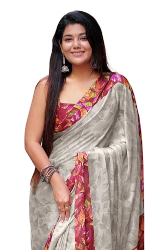 Image of MIRCHI FASHION Saree for Woman Chiffon Geometric and Leaf Printed | Lightweight Daily Regular Use Comfortable Women's Sari with Blouse Piece (Available in 15 Designs)