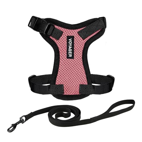 Image of Voyager Escape-Proof Step-in Lock Cat Harness & 5ft Neoprene-Handle Leash Set All-Weather Mesh with Reflective Stitching for Small to Large Cats by Best Pet Supplies, Pink /Black Trim, XXXS