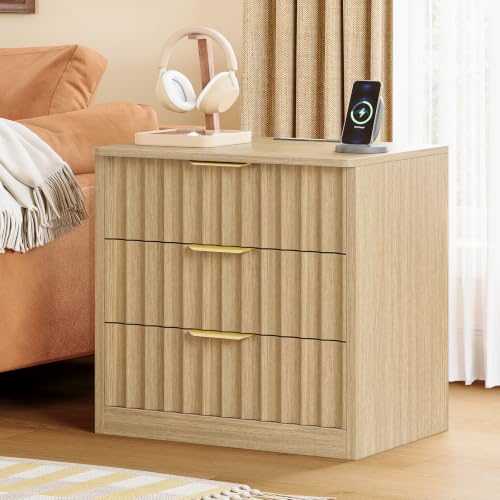 Image of TEENFON Fluted Night Stand with 3 Storage Drawers, Nightstand with Charging Station and LED Light, Bedside Table for Small Space, Bedroom, Natural