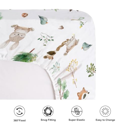 Image of Watercolor Animals Baby Crib Sheet for Boy Girl 52 inchx28 inch Raccoon Hedgehog Squirrel Fox Bunny Bird Forest Soft Breathable Stretchy Baby Bed Sheets for Standard Crib and Toddler Mattress