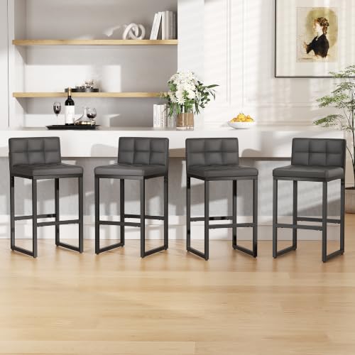 Image of Bar Stools Set of 3, Modern Counter Height Barstools, Dark Grey | 24 inch Faux Leather Bar Chairs with Back, Footrest, Sturdy Thickened Metal Leg, Upholstered Counter Stools for Kitchen Island