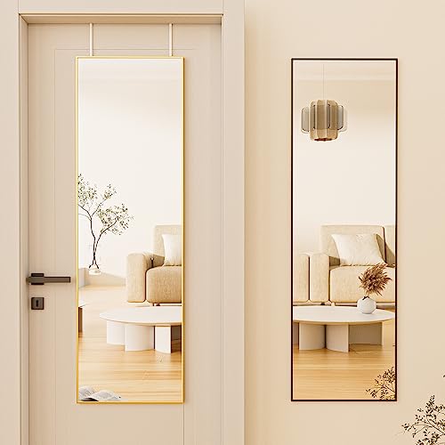 Image of BEAUTYPEAK 16 inch x 50 inch Adjustable Height Over The Door Mirror, Full Length Hanging Door Mirror with Shatterproof Tempered Glass Aluminum Alloy Frame for Bedroom, Living Room, Bathroom, Dorm, Black