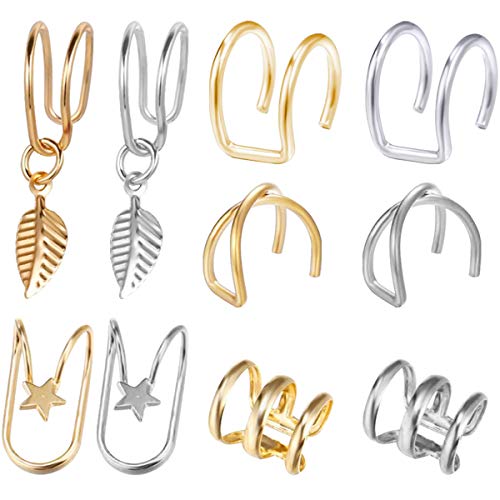 Dokpav 5 Pares de Puño de Oreja de Acero Inoxidable Clip sin Perforación Pendientes de Cartílago para Hombres y Mujeres, 5 Estilos Variados