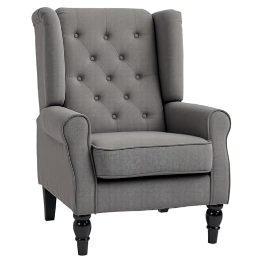 HOMCOM Retro Accent Chair, Linen Wingback Armchair with Wood Frame Button Tufted Design for Living Room Bedroom, Dark Grey