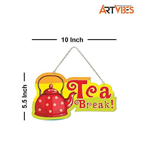 Image of Artvibes Tea Break Wooden Wall Hanging for Livng Room | Quotes Decor Item | Printed Wall Decoration for Dining Room | Wall Illustrations | Graphic Print Artwork | Unique Gift | Cafe Decor (WH 5511N)