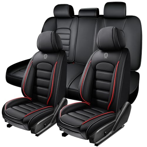 Image of 5 Seat Covers for Hyundai Santa Fe XL 2001-2024,Premium Nappa Leather Car Seat Covers Car Seat Cushions,Waterproof Soft Seat Covers for Cars,Interior Accessories with Airbag(Standard-Black&Red)