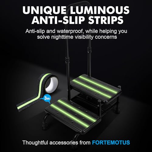 FORTEMOTUS Badewannentritt 2 Treppenstufen mit Haltegriff, rutschfest mit Drainagelöchern, Kohlenstoffstahl Tritthocker für Senioren, 200 kg Belastbarkeit für Badewanne, Bett & Auto(Schwarz)