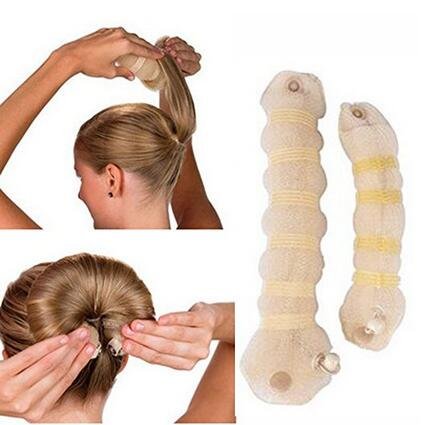Miniatura 8 de Juego de 2 anillos mágicos beige para el cabello, moldeador de moños, moño redondo para mujeres y niñas (1 grande + 1 pequeño)