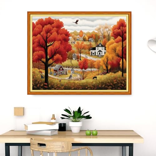 Image of Dimensean Stamped Cross Stitch Kits Full Range of Embroidery Patterns Starter Kits for Beginners Adult DIY Cross Stitches Needlepoint Kits 11CT-Late Autumn 16x20 inch