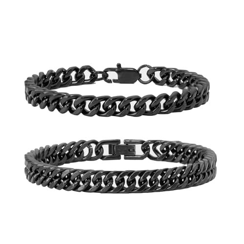 XIANNVXI Black Mens Bracelet Black Stainless Steel Bracelets for Men Cuban Link 2 Pcs Stainless...