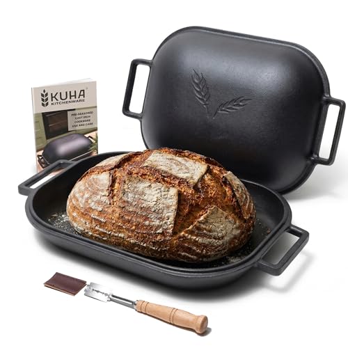 KUHA Cast Iron Bread Oven with Lid | Oval Sourdough Dutch Oven for Bread Baking | Pre-Seasoned Cast Iron Bread Pan | Bread Lame Included