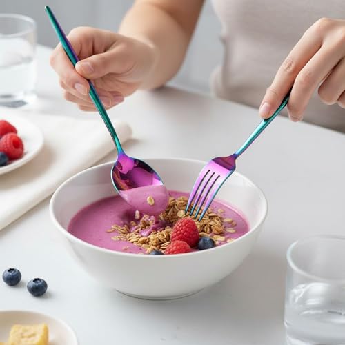Image of 10 Pcs Rainbow Cutlery Set for Dining Table the Perfect Lightweight Silim Handle Tableware Including Dinner Spoon, Dinner Fork, Dinner Knife, Dessert Spoon & Dessert Fork