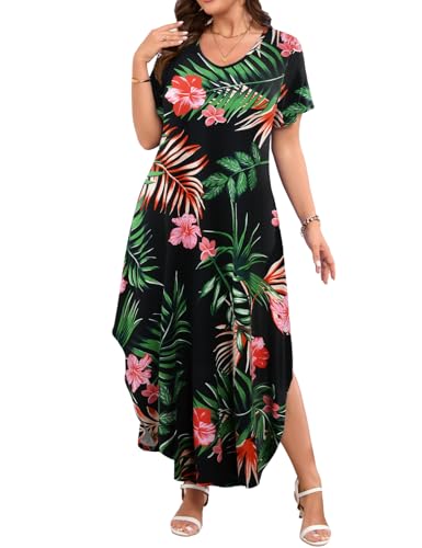 Image of JollieLovin Womens Plus Size Casual Summer Maxi Long Dress Short Sleeve T-Shirt Loose Sun Dress(L-5X)