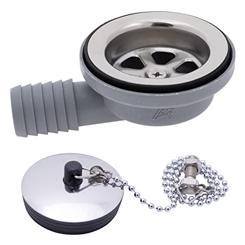 Ambassador Marine - 2 inch Drain, 95 Degree Drain, Low Profile, 1 inch Hose Barb, w/Chain Stopper - Ultra-Mirror Finish - S00-0101-UP-W