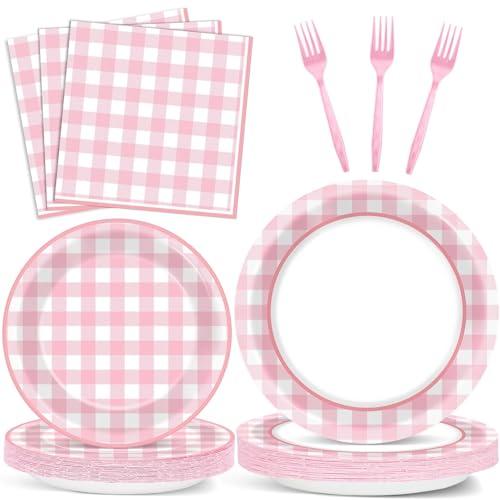 Image of 200 PCS Pink Checkered Tableware Disposable Pink And White Checkered Party Supplies Dinnerware Set Plaid Plates Outdoor Supplies Girls Barbecue Picnic Birthday Party Decoration Serve 50 guest