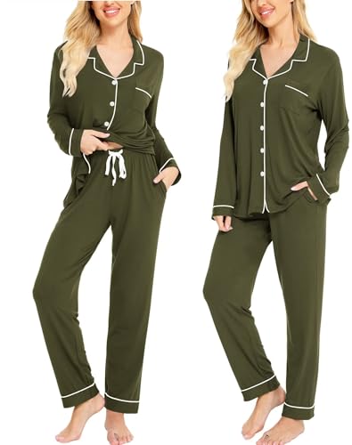 Image of SWOMOG Womens Pajamas Set Long Sleeve Sleepwear Button Down Nightwear Soft Cotton Pj Lounge Sets
