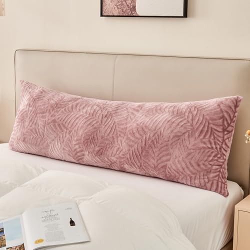 SOCHOW Body Pillow Cover 21x54 Inches, Super Soft and Cozy Leaves Textured Fleece Long Body Pillowcase with Zipper Closure,1 Pack, Dusty Pink