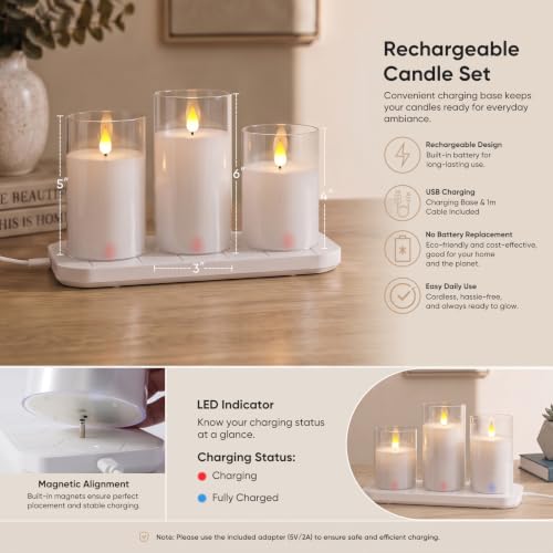 Image of Homemory Pure White Rechargeable Flameless Candles, Remote Timer, Set of 3