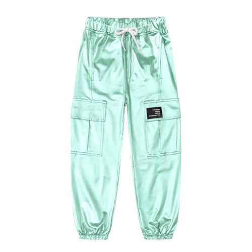 Image of Betusline Girls Clothes 2 Piece Set, Black Cute Short Sleeve Crop Tops + Tender Green Metal Cargo Jogger Pants Clothes，7-8 Years = Tag 140