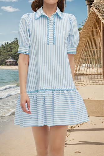 Image of EZAPINE Women Striped Shirt Dress Summer Button Down Collared Short Puff Sleeve Ruffle Hem Casual Flowy Mini Dress