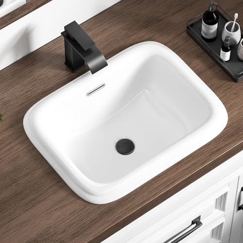 KARAMAG Bathroom Vessel Sink 19x15 Inch Drop In Bathroom Sink Rectangular Recessed Bathroom Sink With Overflow White Ceramic Modern Sink Bowl Vanity Sink Above Counter Basin
