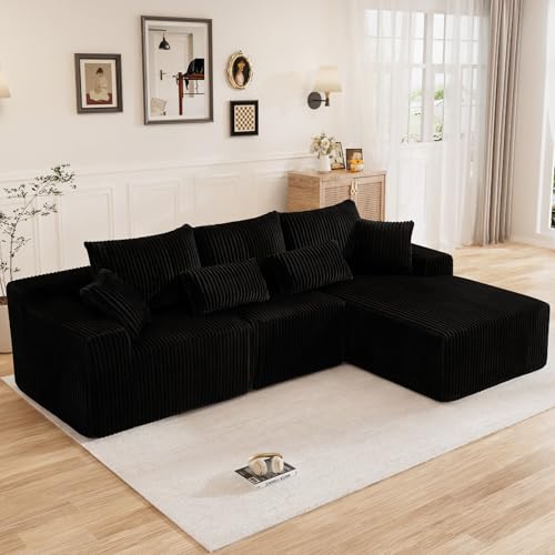 Image of 110 inch L Shaped Cloud Boneless Sectional Couches for Living Room, Modern Comfy Modular Deep Seat Memory Foam Compressed Corduroy Sofa Oversized Right Facing Chaise, No Assembly Required, Balck