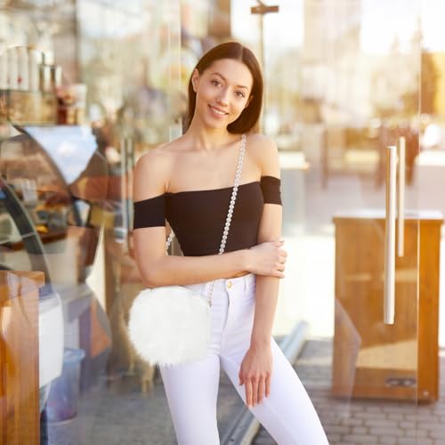 Crossbody Bag Plush Pearl Chain Cellphone Purse Small Fuzzy Shoulder Pouch for Women Ladies Girls - White2