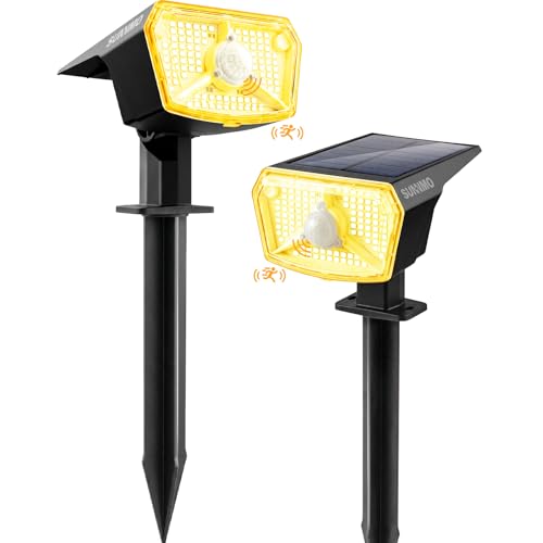 SUNNMO Faretti Solari a LED da Esterno con Sensore di Movimento, Lampade Luci Solari da Giardino Potenti 104LED 3Modalità, Faretto LED da Esterno Solare Giardino IP65 Impermeabile Luce Calda, 2 Pezzi
