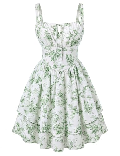 Scarlet Darkness Floral Mini Corset Dress for Women Teen 2026 Summer Spring Flowy A-Line Sundress with Pockets Bird Leaf Print XL