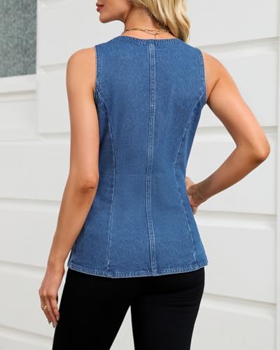 Kedera Denim Vest for Women Button Down Long Jean Waistcoat Casual Scoop Neck Sleeveless Denim Jackets Slim Fit Jean Top2