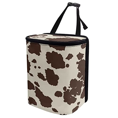 Image of Brown Cow Car Trash Can with Lid Collapsible Reusable Waterproof Car Garage Bag, Cow Print Automotive Garbage Can, Car Accessories Interior Car Organizer with Adjustable Straps