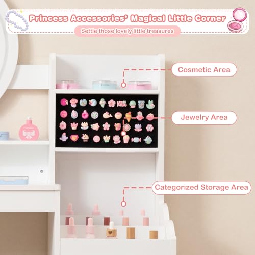 Image of INFANS Kids Vanity with Lights, Princess Makeup Desk with Mirror Storage Shelves, Toddler Table and Chair Set Pretend Play for Girls Aged 4-9