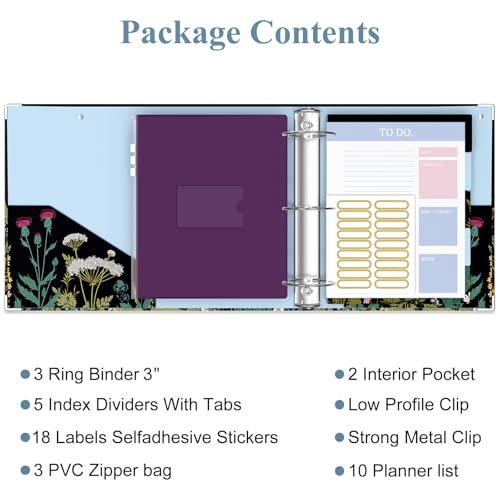 Image of 3 Ring Binder, 3 Inches Round Ring Binder with Clipboard, Dividers Tabs, PVC Zipper Bag Sleeves & to Do List Planners for Women, Men, School, Office Supplies, Wild Flower