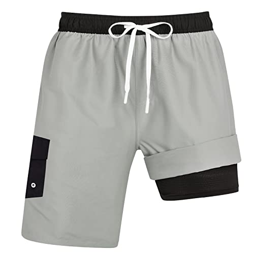 Idgreatim Mens Swim Trunks With Compression Liner Man Board Shorts Swimwear Long 9 Inseam Quick Dry Swimsuit Bathing Suits For Pool Surf Swimming M Light Gray #TOP22