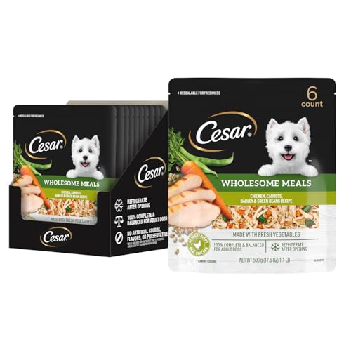 Image of Cesar Wholesome Meals Wet Dog Food Pouch, Chicken, 17.6 oz, 6 Count | Carrots, Barley & Green Beans, real meat & fresh vegetables, no by-products /artificial flavors, slow-cooked, resealable pouch