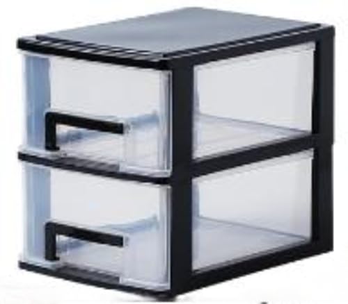 透明プラスチック 小物収納ボックス 2階建て 引出し付き 文房具 化粧品 事務用品 整理用 卓上 デスク周り 防湿 防虫 防カビ 寝室 リビング バスルーム オフィス ショップ 黒+透明