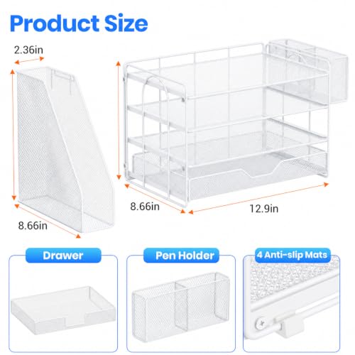 Image of OPNICE Desk Organizers and Accessories, 4-Tier Desktop File Organizer with Drawer and Pen Holders, Office Desk Accessories Workspace Organizers for Office Supplies (Soft White)