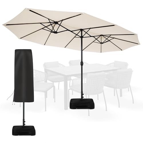 Sundale Outdoor Olefin 5-Year-Non-Fading 15 ft Patio Umbrella with Sand Bag Base and Cover, Large Outdoor Double-Sided Umbrella, Beige by Sundale Outdoor - Used condition - US$79.99