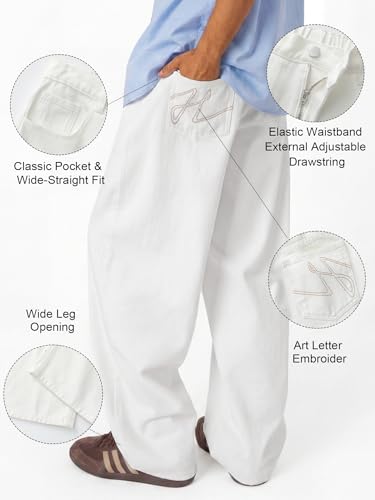 Areant Mens Baggy Jeans Wide Leg Hip Hop Loose Fit Jeans Relaxed Fit Elastic Waist Skate Streetwear Y2K Vintage Denim Pants White X-Large - image 4
