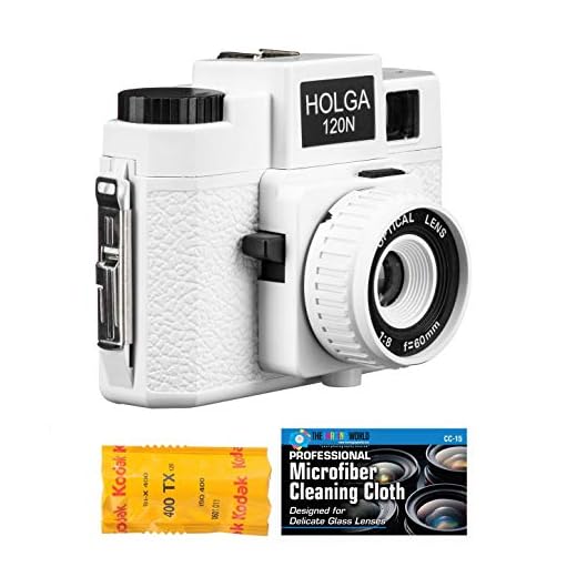 Holga 120N câmera de filme de formato médio com pacote de filme Kodak TX 120 e pano de microfibra, Branco